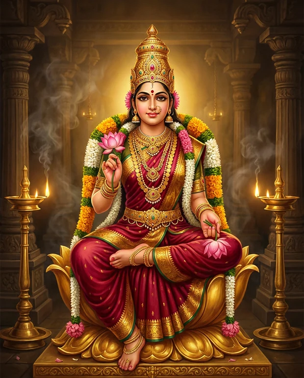 Sri Vasavi Kanyaka Parameswari, seated on a golden lotus throne.